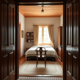 A traditional style room viewed from the door, featuring a window with open curtains opposite the entrance