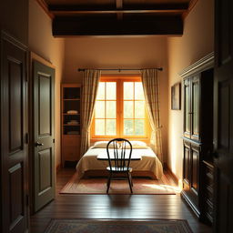 A traditional style room viewed from the door, featuring a window with open curtains opposite the entrance