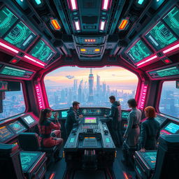 A cyberpunk spaceship interior, featuring vibrant neon lighting, intricate machinery, and high-tech displays