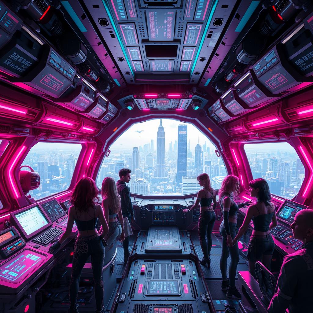 A cyberpunk spaceship interior, featuring vibrant neon lighting, intricate machinery, and high-tech displays