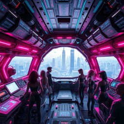 A cyberpunk spaceship interior, featuring vibrant neon lighting, intricate machinery, and high-tech displays