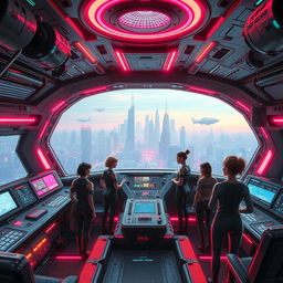 A cyberpunk spaceship interior, featuring vibrant neon lighting, intricate machinery, and high-tech displays