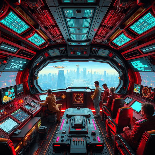 A cyberpunk spaceship interior, featuring vibrant neon lighting, intricate machinery, and high-tech displays