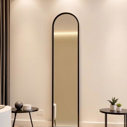 A tall, elegant mirror with a sleek black frame, positioned between two tables
