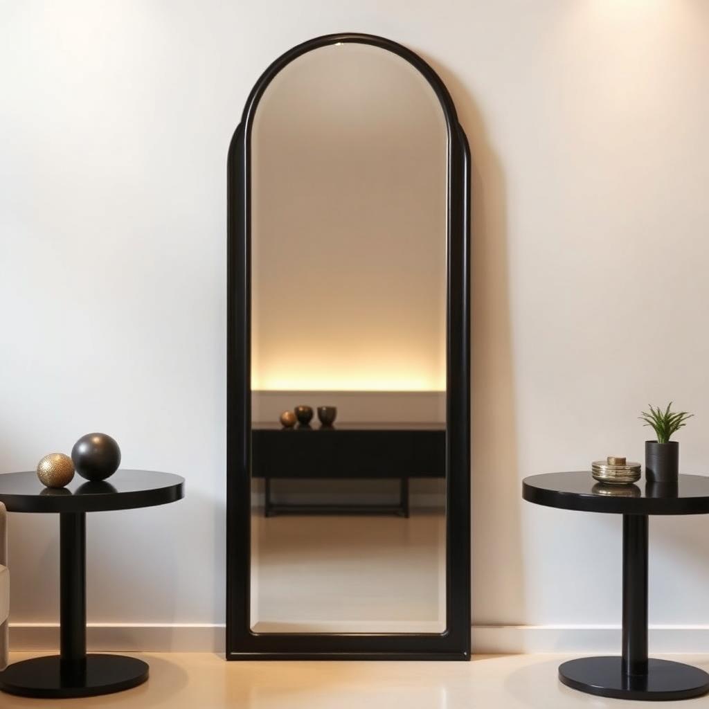 A tall, elegant mirror with a sleek black frame, positioned between two tables