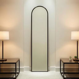 A tall, elegant mirror with a sleek black frame, positioned between two tables