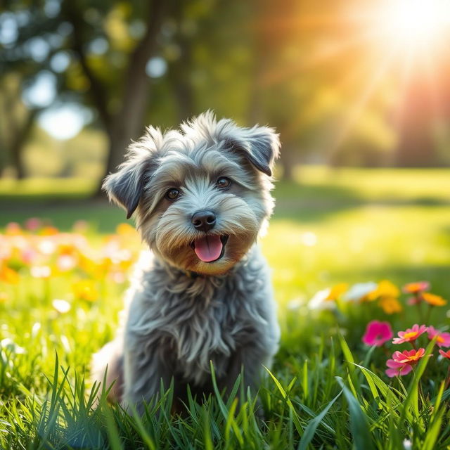 A cute dog with gray fur, sitting in a sunny park, surrounded by vibrant green grass and colorful flowers