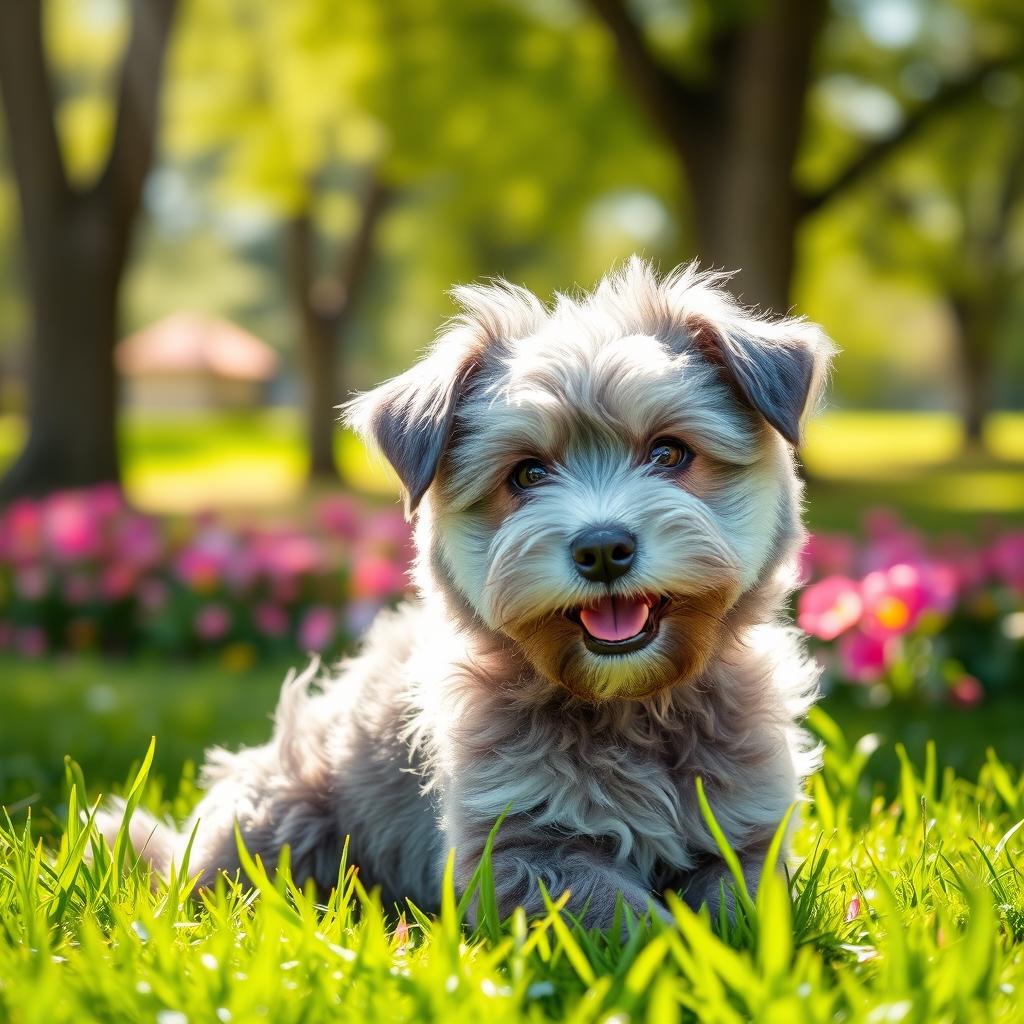 A cute dog with gray fur, sitting in a sunny park, surrounded by vibrant green grass and colorful flowers