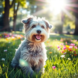 A cute dog with gray fur, sitting in a sunny park, surrounded by vibrant green grass and colorful flowers