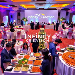 A vibrant and organized event scene showcasing the various services of Infinity Creation, a comprehensive event management company