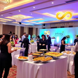 A vibrant and organized event scene showcasing the various services of Infinity Creation, a comprehensive event management company