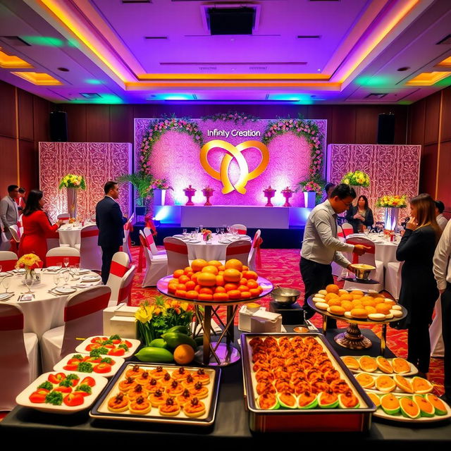 A vibrant and organized event scene showcasing the various services of Infinity Creation, a comprehensive event management company