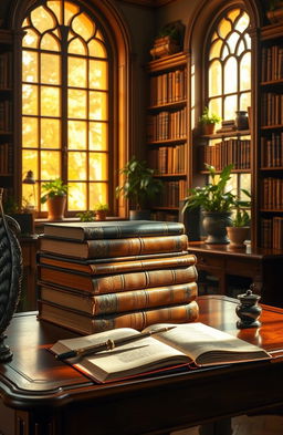 An artistic representation of classical literature, featuring a stack of antique books with leather bindings in a cozy library setting