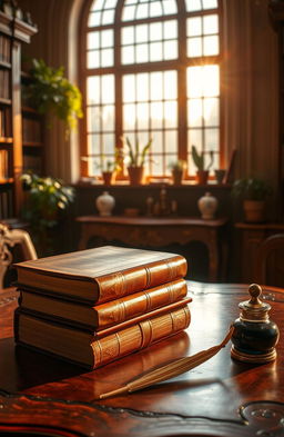 An artistic representation of classical literature, featuring a stack of antique books with leather bindings in a cozy library setting