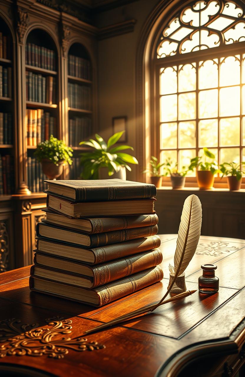 An artistic representation of classical literature, featuring a stack of antique books with leather bindings in a cozy library setting