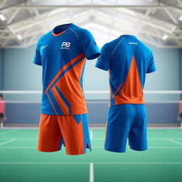 A sports badminton uniform design featuring a vibrant color scheme of blue and orange