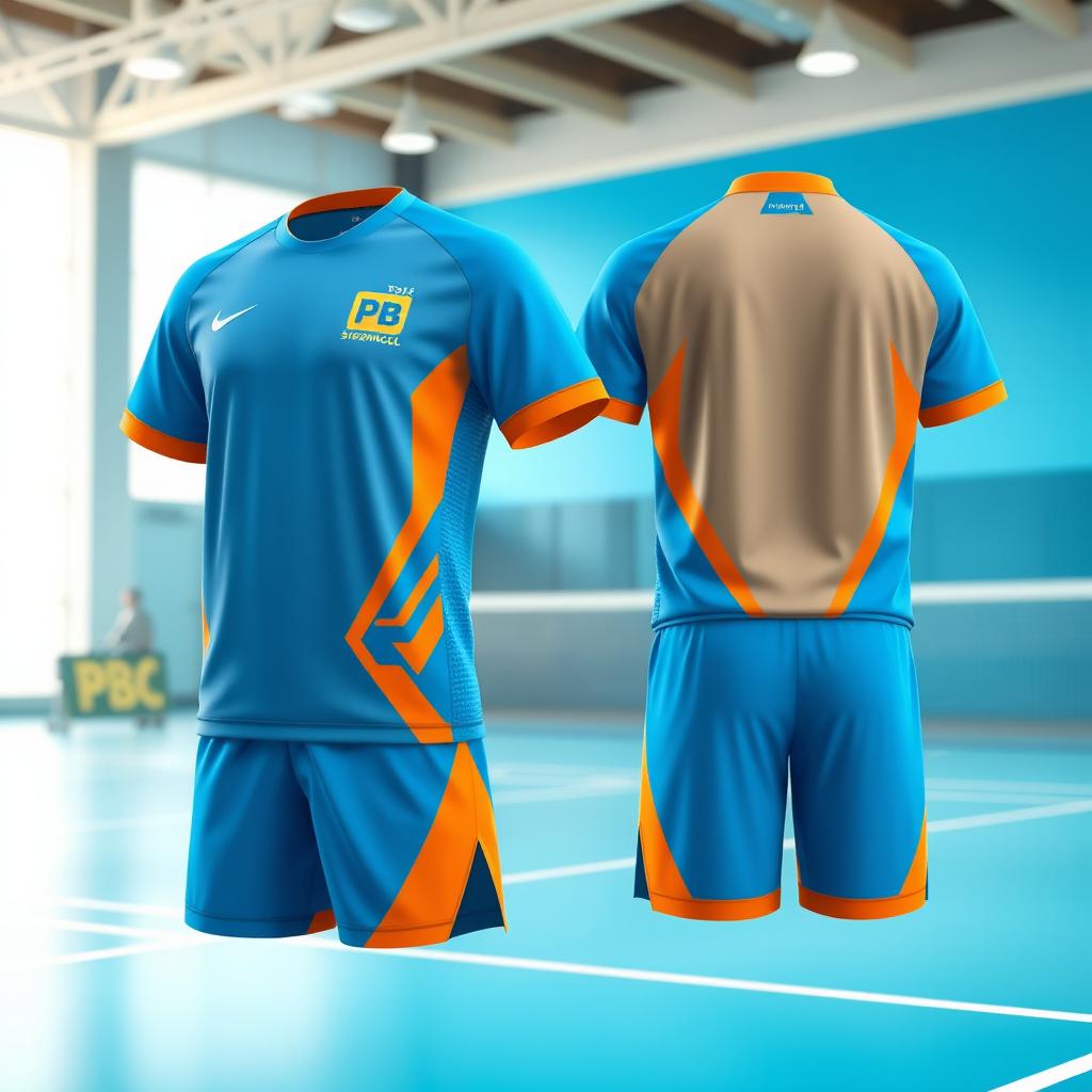 A sports badminton uniform design featuring a vibrant color scheme of blue and orange