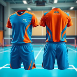 A sports badminton uniform design featuring a vibrant color scheme of blue and orange
