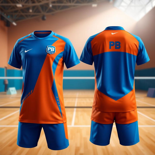 A sports badminton uniform design featuring a vibrant color scheme of blue and orange