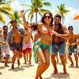 Yami Gautam energetically performing a lively item song in a vibrant beach setting, wearing a stylish bikini that highlights her figure