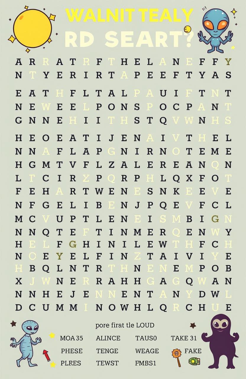 A whimsical word search puzzle filled with words and terms related to conspiracy theories and jokes