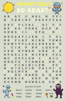 A whimsical word search puzzle filled with words and terms related to conspiracy theories and jokes