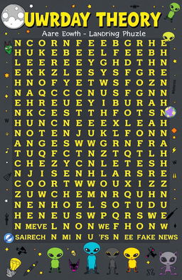 A whimsical word search puzzle filled with words and terms related to conspiracy theories and jokes
