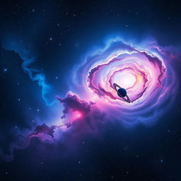 A stunning image of outer space showcasing a vibrant galaxy with swirling nebulae in shades of blue, pink, and purple, scattered stars twinkling across the scene, and a distant planet with rings, all against a backdrop of deep black space