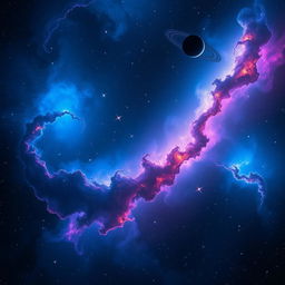 A stunning image of outer space showcasing a vibrant galaxy with swirling nebulae in shades of blue, pink, and purple, scattered stars twinkling across the scene, and a distant planet with rings, all against a backdrop of deep black space