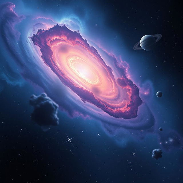 A stunning image of outer space showcasing a vibrant galaxy with swirling nebulae in shades of blue, pink, and purple, scattered stars twinkling across the scene, and a distant planet with rings, all against a backdrop of deep black space