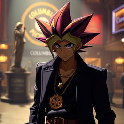 Yugi Moto as if he were a character in a Columbia Pictures movie, featuring him with his iconic spiky hair, wearing his classic duel outfit, with a golden Millennium Puzzle around his neck