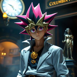 Yugi Moto as if he were a character in a Columbia Pictures movie, featuring him with his iconic spiky hair, wearing his classic duel outfit, with a golden Millennium Puzzle around his neck