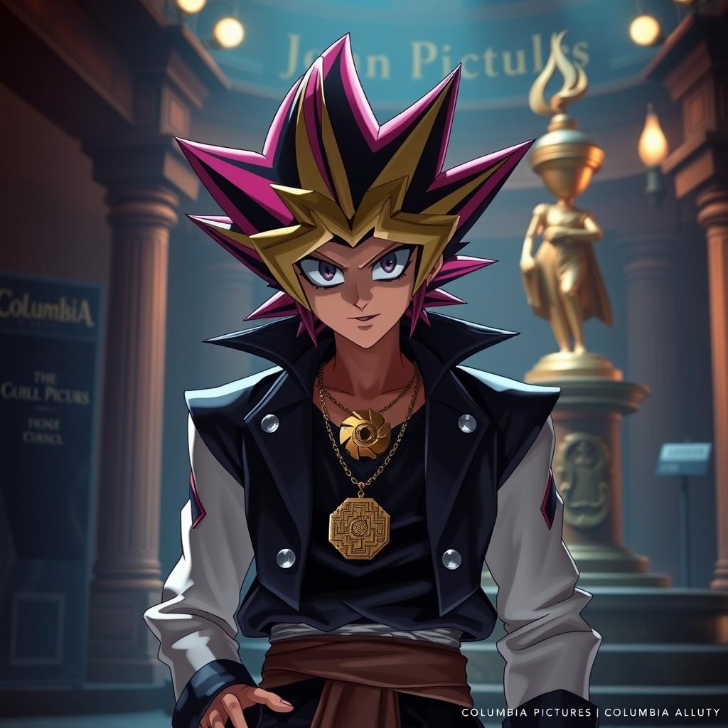 Yugi Moto as if he were a character in a Columbia Pictures movie, featuring him with his iconic spiky hair, wearing his classic duel outfit, with a golden Millennium Puzzle around his neck