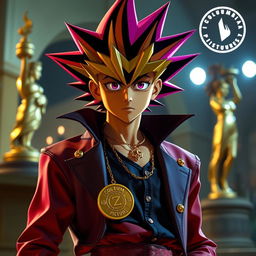 Yugi Moto as if he were a character in a Columbia Pictures movie, featuring him with his iconic spiky hair, wearing his classic duel outfit, with a golden Millennium Puzzle around his neck