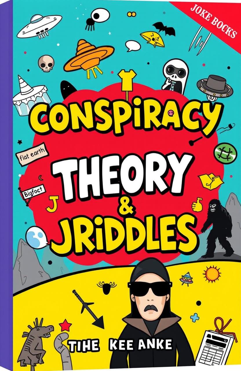 A humorous joke book cover featuring the theme of conspiracy theories and riddles