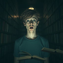 A young man with wide eyes and an expression of shock, standing in a dimly lit library filled with towering shelves of books