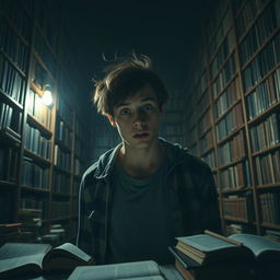A young man with wide eyes and an expression of shock, standing in a dimly lit library filled with towering shelves of books