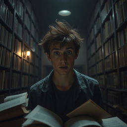 A young man with wide eyes and an expression of shock, standing in a dimly lit library filled with towering shelves of books