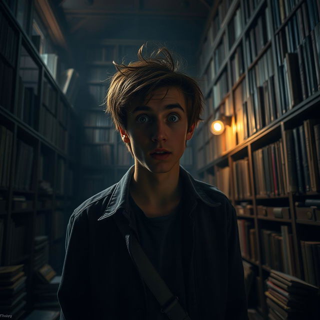 A young man with wide eyes and an expression of shock, standing in a dimly lit library filled with towering shelves of books