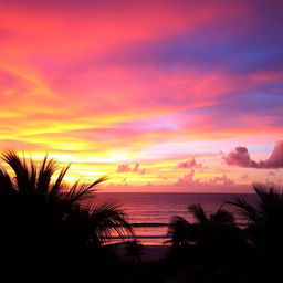 A vibrant and colorful sunset over a tranquil beach, the sky ablaze with hues of orange, pink, and purple blending seamlessly into each other