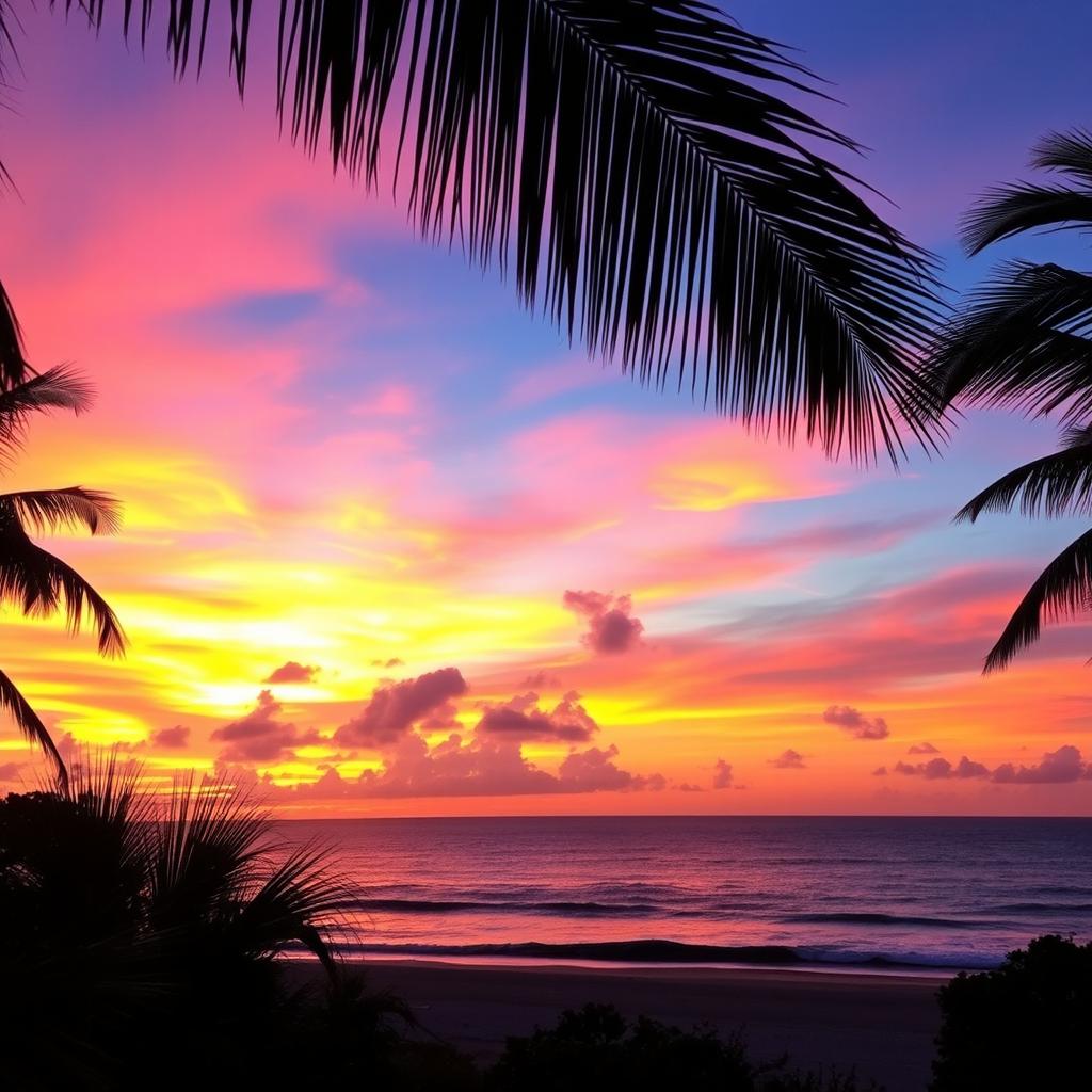 A vibrant and colorful sunset over a tranquil beach, the sky ablaze with hues of orange, pink, and purple blending seamlessly into each other