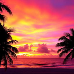 A vibrant and colorful sunset over a tranquil beach, the sky ablaze with hues of orange, pink, and purple blending seamlessly into each other