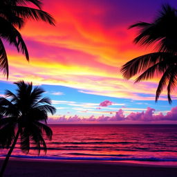 A vibrant and colorful sunset over a tranquil beach, the sky ablaze with hues of orange, pink, and purple blending seamlessly into each other