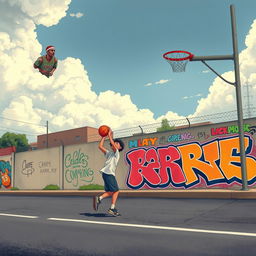 An illustration of a teenage boy playing basketball on an asphalt street under a cloudy sky