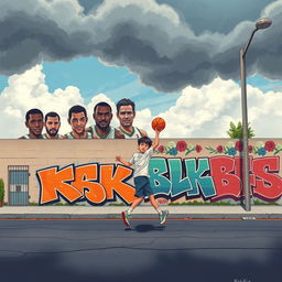 An illustration of a teenage boy playing basketball on an asphalt street under a cloudy sky