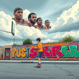 An illustration of a teenage boy playing basketball on an asphalt street under a cloudy sky