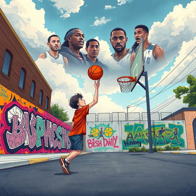 An illustration of a teenage boy playing basketball on an asphalt street under a cloudy sky