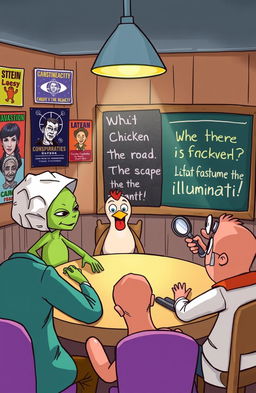 A whimsical illustration depicting a group of quirky characters gathered around a table, engaging in a lighthearted discussion of conspiracy theory jokes and riddles