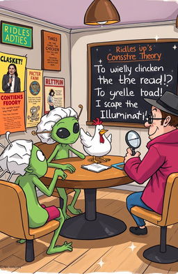 A whimsical illustration depicting a group of quirky characters gathered around a table, engaging in a lighthearted discussion of conspiracy theory jokes and riddles