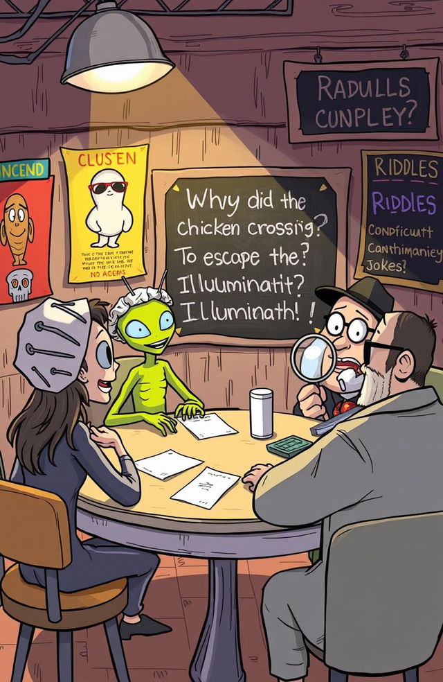 A whimsical illustration depicting a group of quirky characters gathered around a table, engaging in a lighthearted discussion of conspiracy theory jokes and riddles